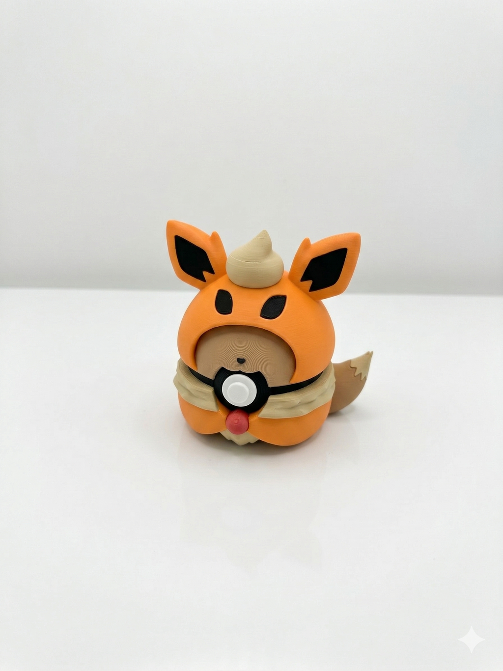 Toy figure of a fox-like character with a white background, canada, 3d printed, pokemon, flareon, poncho