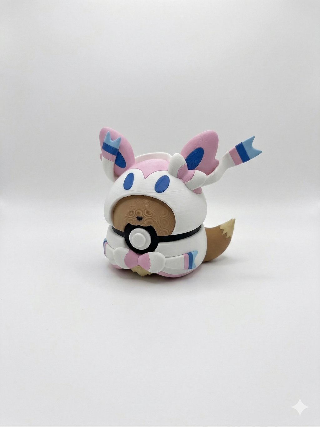 Plush toy resembling a character from a popular game on a white background, pokemon, sylveon, pokeball