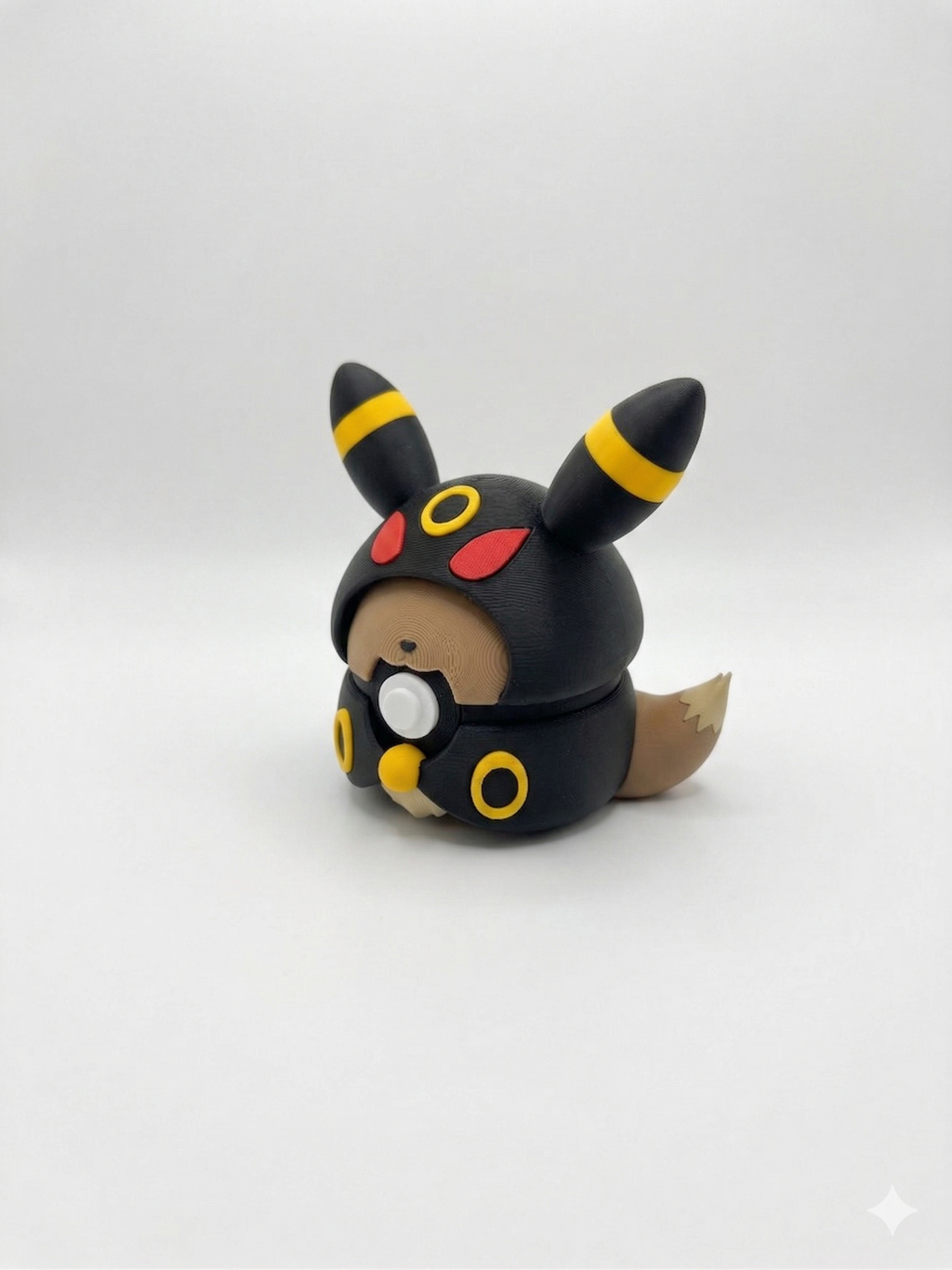 Black and yellow character with red accents on a white background