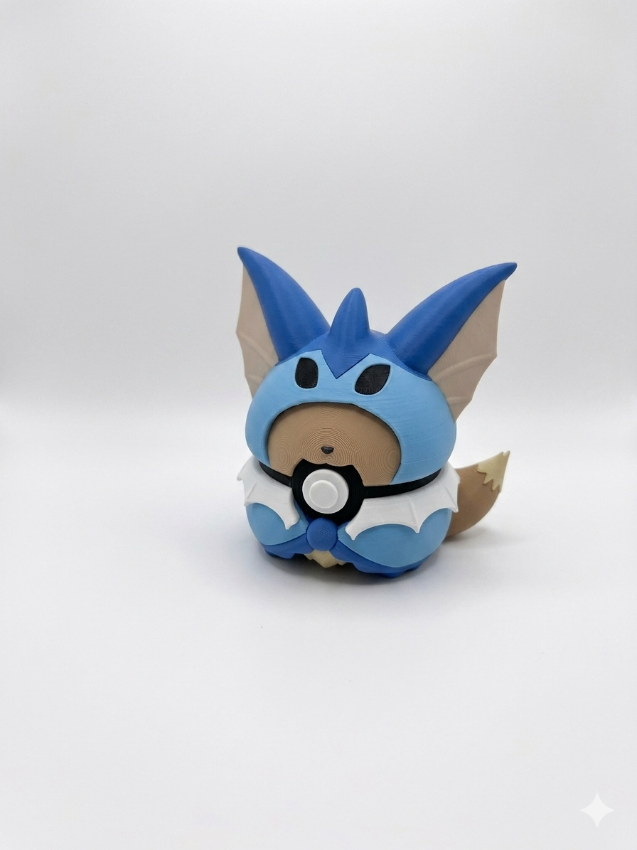 Toy figure of a character with blue head and brown body on a white background, 3d printed, pokeball, canada