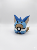 Toy figure of a character with blue head and brown body on a white background, 3d printed, pokeball, canada