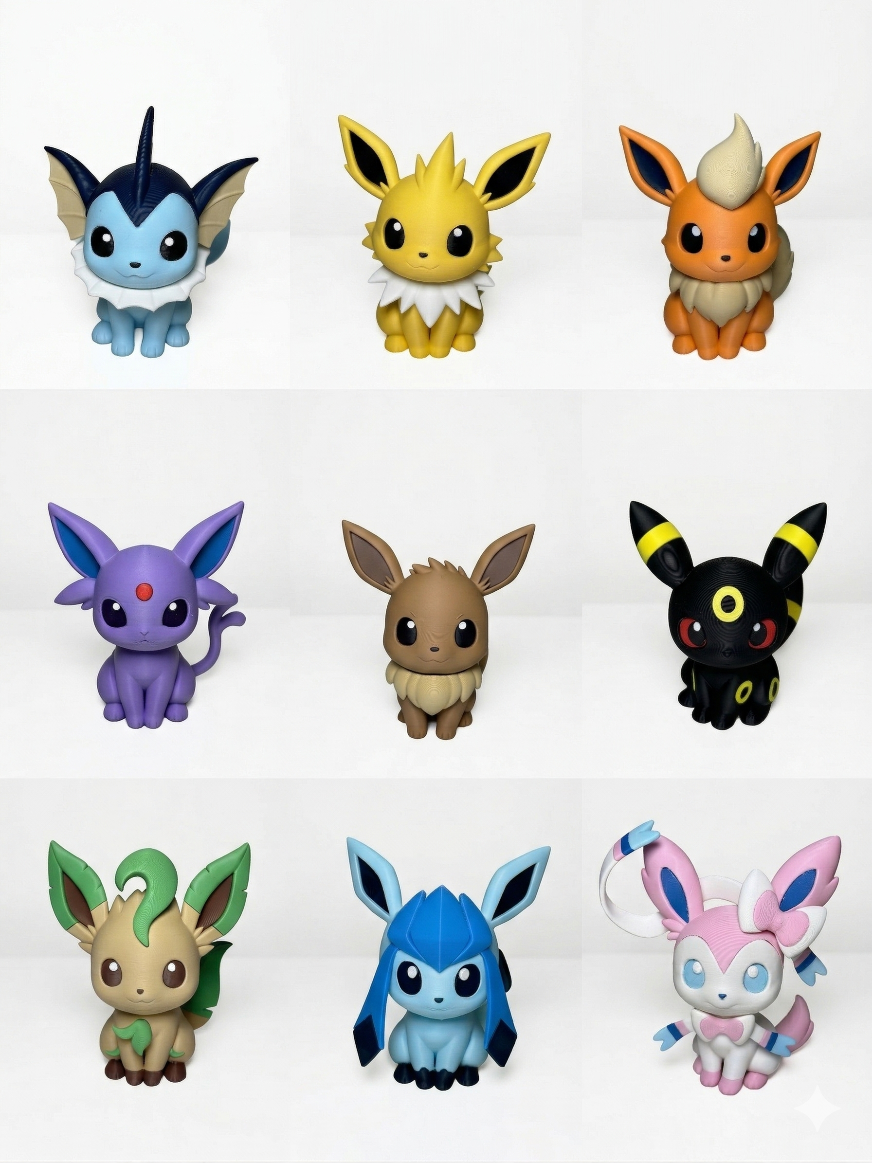 Set of Eevee evolution figures on a white background, pokemon, model, figure, 3d print, eevee