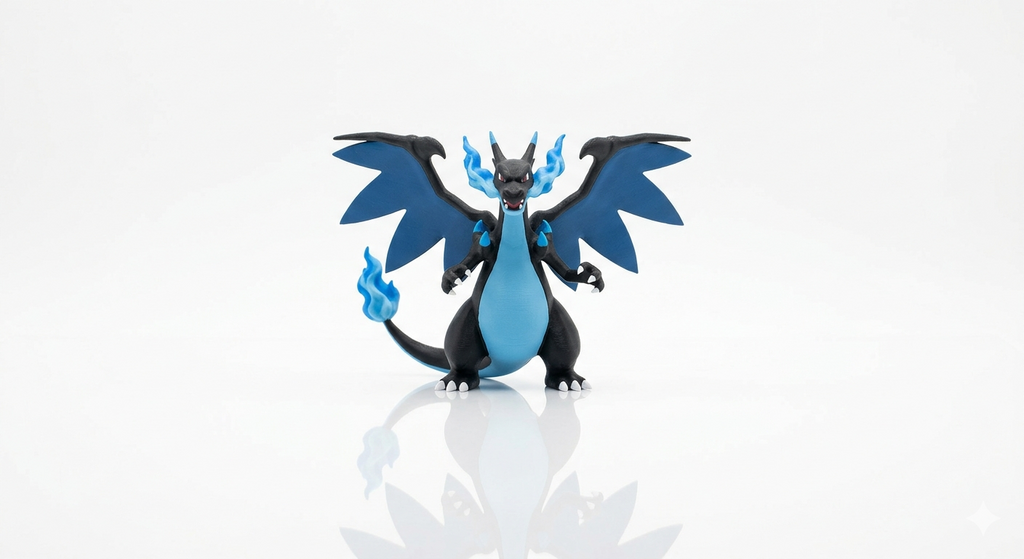 Dragon-like creature figurine with blue and black colors on a white background