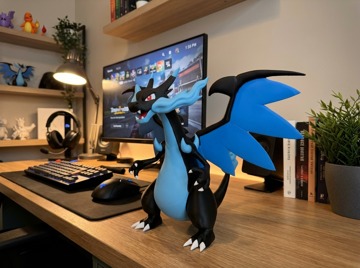 Desk setup with a computer monitor, keyboard, mouse, and a large dragon-like figurine on a desk.