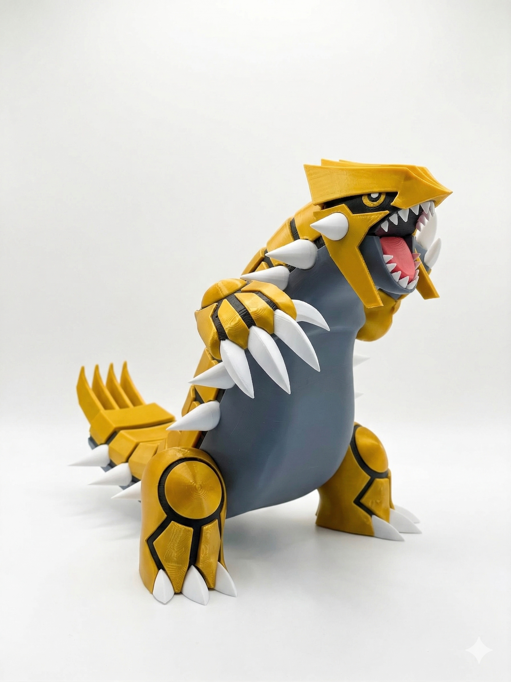 Toy figure of a yellow and gray creature with sharp teeth on a white background, shiny, pokemon, groudon, 3d print