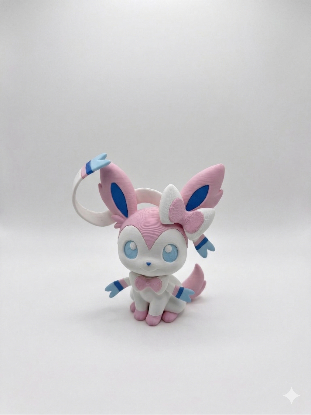 Plush toy of a character with pink and blue accents on a white background, pokemon, figure, model, chibi, 3d print