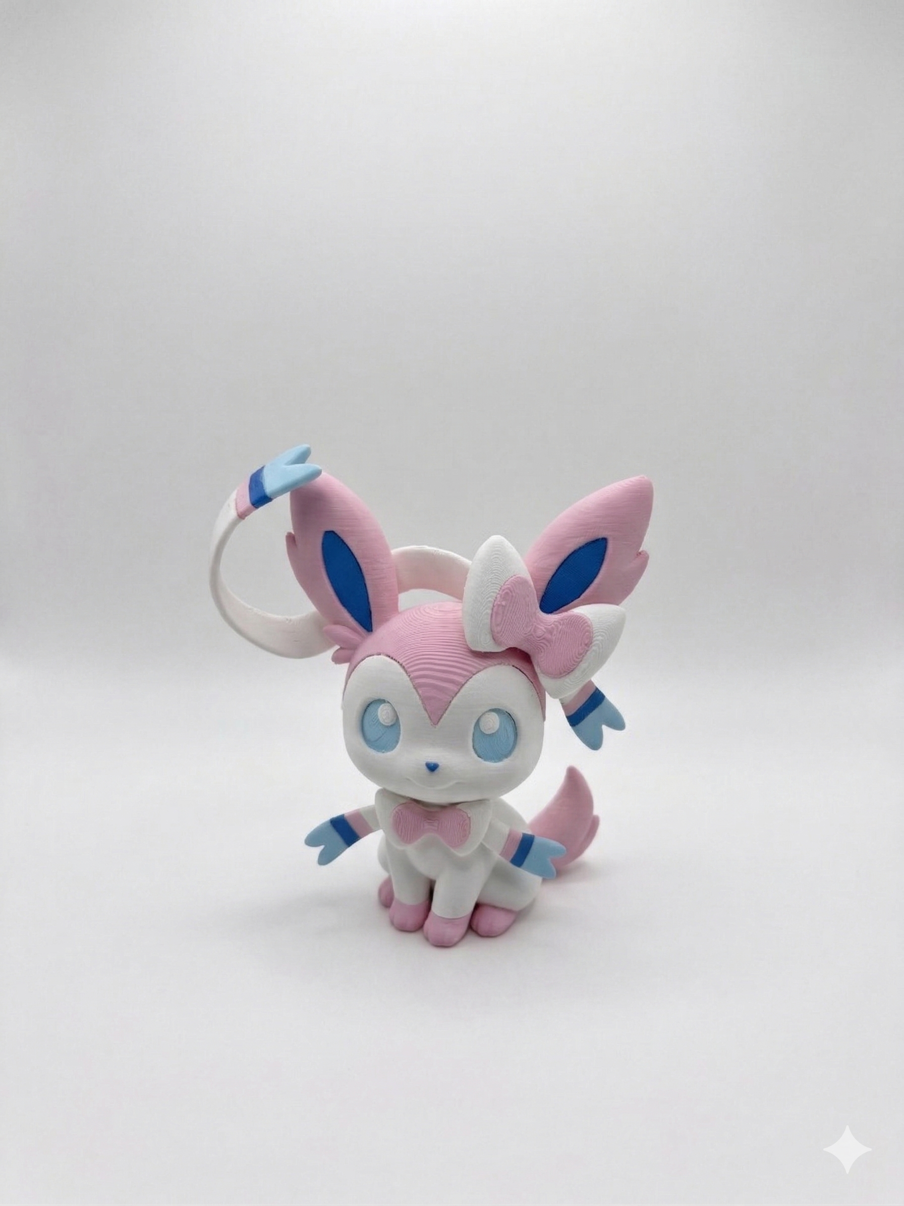 Plush toy of a character with pink and blue accents on a white background, pokemon, figure, model, chibi, 3d print